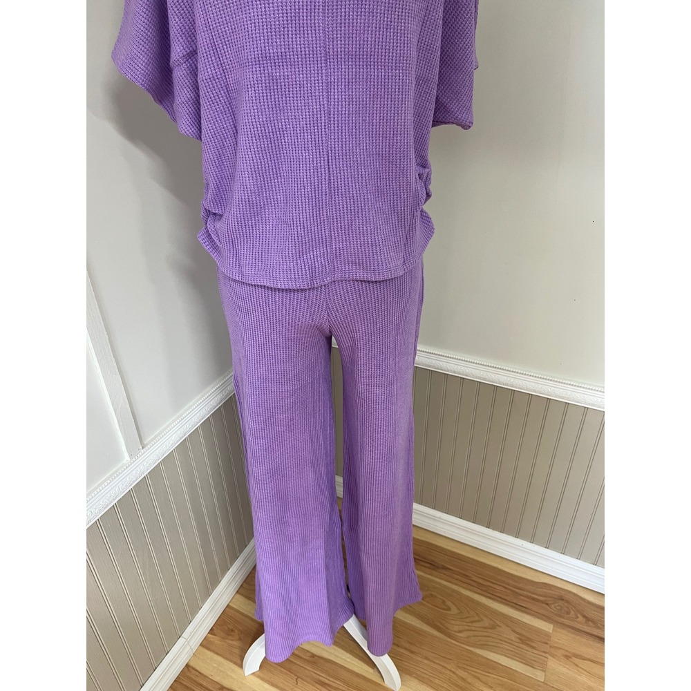 Zenana Womens Purple Waffle Knit 2 Piece Set Mock Neck Top Wide Leg Pants Small - Picture 14 of 15